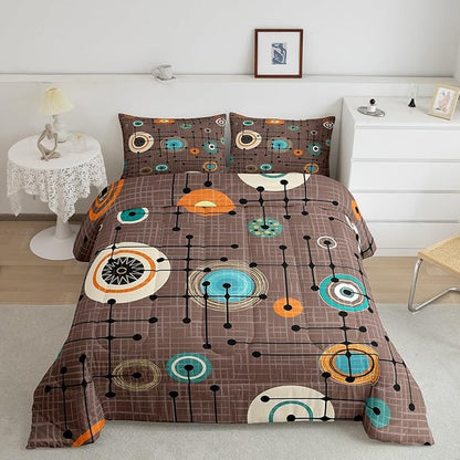 Erosebridal Geometric Grid Comforter Set Queen Brown Minimalism Bedding Set, Mid Century Bedding Comforter Sets Retro Atomic Duvet, Rainbow Circles Black Lines Quilted Comforter Abstract Room Decor