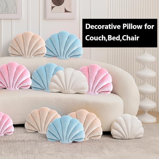 Seashell Decorative Pillow Shell Shaped Throw Pillow 3D Insert Beach Pillow Soft Velvet Pillow Sea Ocean Decoration Couch Bed Pillow Cushions(Pink,18 X 13 inch)