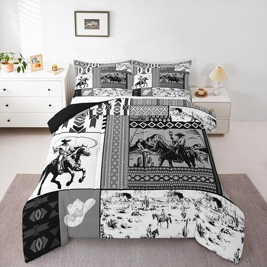 Feelyou Kids Grey Western Aztec Comforter Set Toddler Size Horse Bedding Set for Boys Girls Teens Bedroom Decor Wild Cowboy Boho Boho Rustic Farmhouse Tribal Duvet Quilt Breathable Soft 2Pcs