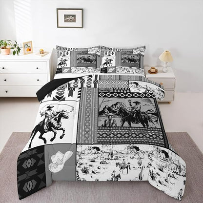 Feelyou Kids Grey Western Aztec Comforter Set Queen Size Horse Bedding Set for Boys Girls Teens Bedroom Decor Wild Cowboy Boho Boho Rustic Farmhouse Tribal Duvet Quilt Breathable Soft 3Pcs