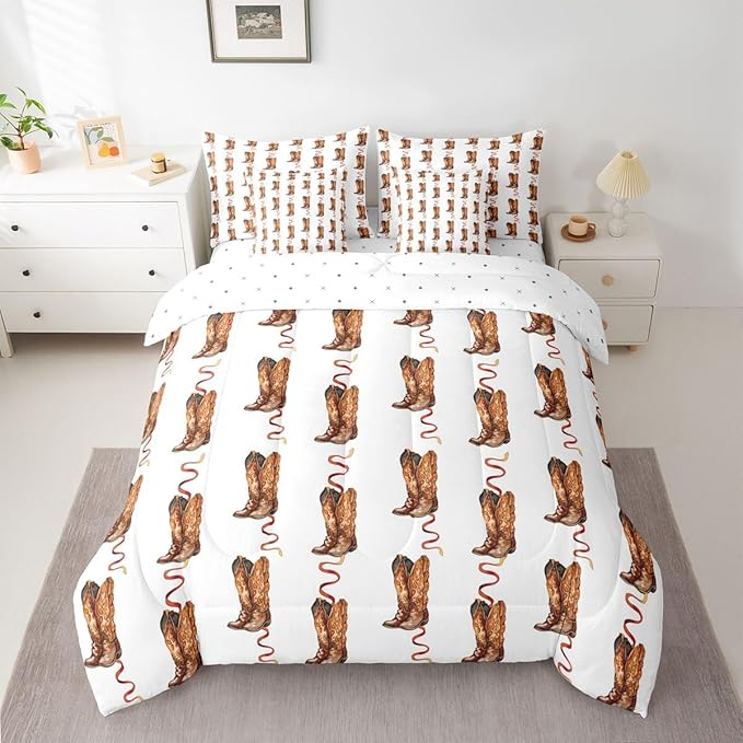 Erosebridal Western Cowboy Bed in A Bag Twin | Retro Cowboy Boots Bohe 7 Piece Comforter Set Hippie Pastoral Sheet Set Reversible Vintage Abstract Hippy Fitted Sheet Breathable Lightweight