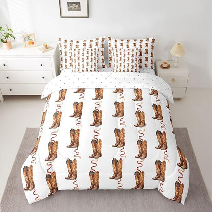 Erosebridal Western Cowboy Bed in A Bag Twin | Retro Cowboy Boots Bohe 7 Piece Comforter Set Hippie Pastoral Sheet Set Reversible Vintage Abstract Hippy Fitted Sheet Breathable Lightweight
