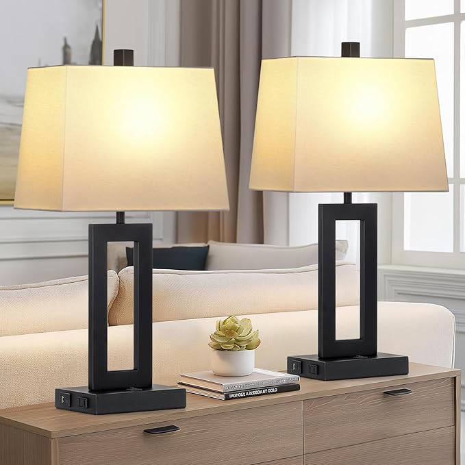 Table Lamp Set of 2 with USB C+A Ports & AC Outlet, Bedside Lamps, Modern Bedroom Lamps, Black Lamps for Night Stands Bedroom Living Room,Nightstand Lamp（Push Button Swich