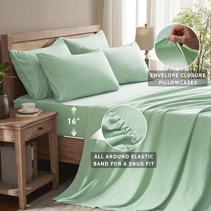 Cal King Size Sheets Set - 6 Piece Luxuriously Soft & Cooling Sheets Cal King Size - Ultra Soft 16" Deep Pocket Cal King Sheet Set - Fitted Sheet & Pillowcase Sets (Cal King Sage Green)