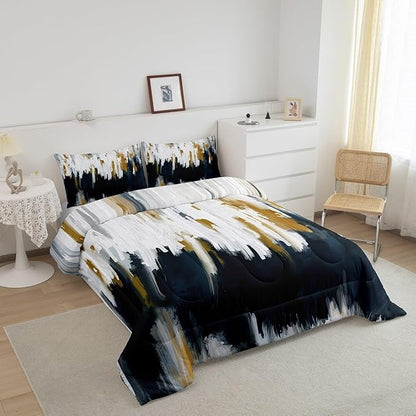 Gray Blue Comforter Set Full Gradient Stripe Bedding Set Modern Oil Painting Graffiti Bedding Comforter Sets Watercolor Abstract Artwork Duvet Set Aesthetic Chic Vintage Quilted Comforter Lightweight