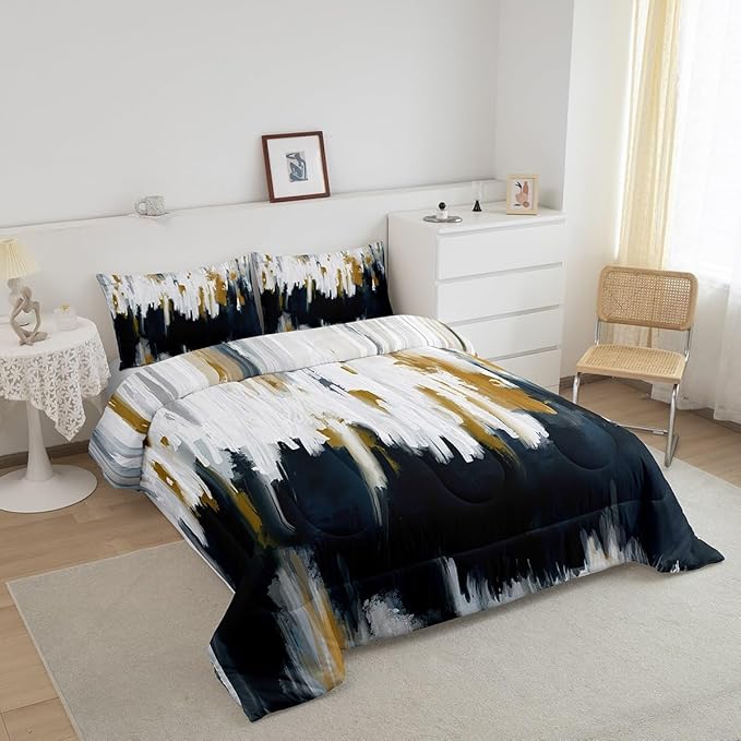Gray Blue Bedding Set King Gradient Stripe Comforter Set, Modern Oil Painting Graffiti Duvet Insert Watercolor Abstract Artwork Quilt Sets, Aesthetic Chic Vintage Bedding Comforters & Sets Lightweight