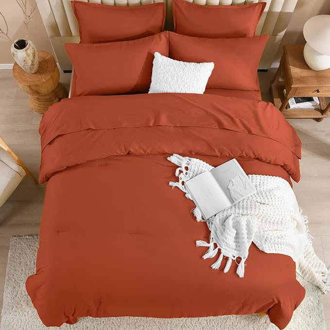 Litanika Oversized Queen Size Comforter Set Burnt Orange - 7 Pieces Bed in a Bag Oversized Beddding Sets, Solid Lightweight Bed Set with Comforter, Sheets, Pillowcases & Shams