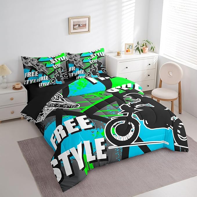jejeloiu Boys Dirt Bike Racer 7 Piece Bedding Set King Size Motocross Hip Hop Comforter Set with Sheets for Kids Adult Motorcycle Sport Bed in a Bag Blue Green Bed Set