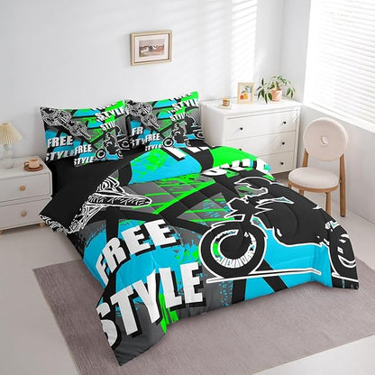 jejeloiu Boys Dirt Bike Racer 7 Piece Bedding Set King Size Motocross Hip Hop Comforter Set with Sheets for Kids Adult Motorcycle Sport Bed in a Bag Blue Green Bed Set