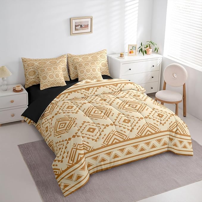 Erosebridal Rustic Western Bed in A Bag 7 Pcs Southwestern Vintage Country Comforter Set for Kids Boys Girls Retro Brown Geometric Bedding Sets Twin Exotic Boho Aztec Sheet Set with Comforter