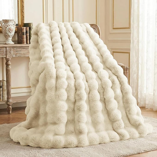 L'AGRATY Faux Rabbit Fur Blanket: 60" x 80" Twin Luxury Soft Fluffy Thick Fur Throw Blanket for Couch Bed Sofa - Cozy Plush Bubble Blankets for Winter: Flannel Fleece Decorative Blanket(Almond White)