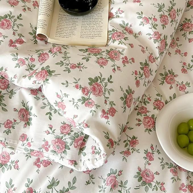 MKXI Queen Red Floral Comforter Set for Girls Botanical Bedding Comforter Red Flowers Print Vintage Farmhouse Bed Comforters