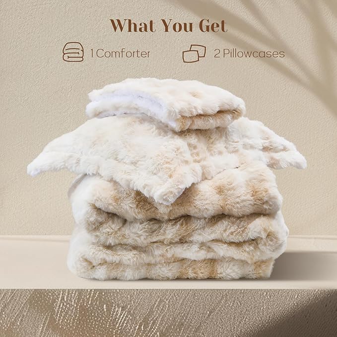 DAICO 3 Pieces Fluffy Faux Rabbit Fur Comforter Set Queen Size Tie Dyed Brown Plush Fuzzy Bubble Comforter Bedding Set Warm Cozy Bedding Comforter Sets for Winter, 1 Comforter and 2 Pillowcases