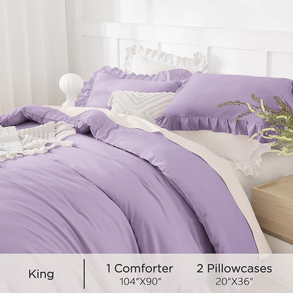 Andency Lavender Ruffle Comforter King(104x90Inch), 3 Pieces(1 Ruffled Comforter and 2 Pillowcases) Solid Farmhouse Shabby Chic Comforter, Vintage Rustic Soft Microfiber Bedding Set