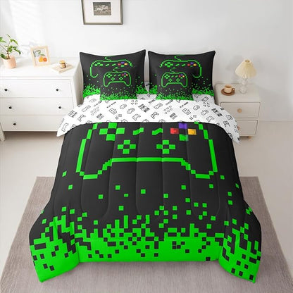 Castle Fairy Video Games 7 Piece Comforter & Sheet Sets Queen Size,Miner Pixel Games Bedding Set Neon Green Block Building Bed in a Bag Modern Black Flat & Fitted Sheets,4 Pillow Covers
