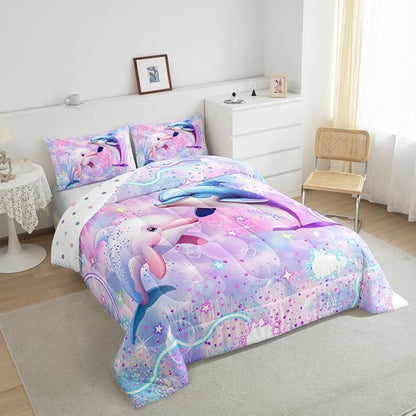 Kawaii Dolphin Bedding Set Full Size Colorful Glitter Sky Galaxy Comforter Set for Girls Kids Teens Cartoon Dream Fairy Tale Style Quilted Duvet Set Room Decor 3Pcs,Reversible Colorful