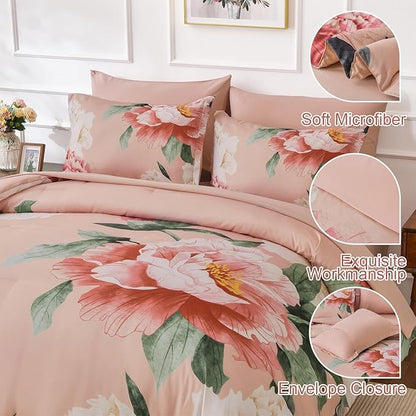 Dobuyly Coral Comforter Set Queen 7 Piece Bed in a Bag for Girls Women, Coral Pink Floral Bedding Set, Soft Microfiber Bed Set with Comforter, Sheets, Pillowcases & Shams
