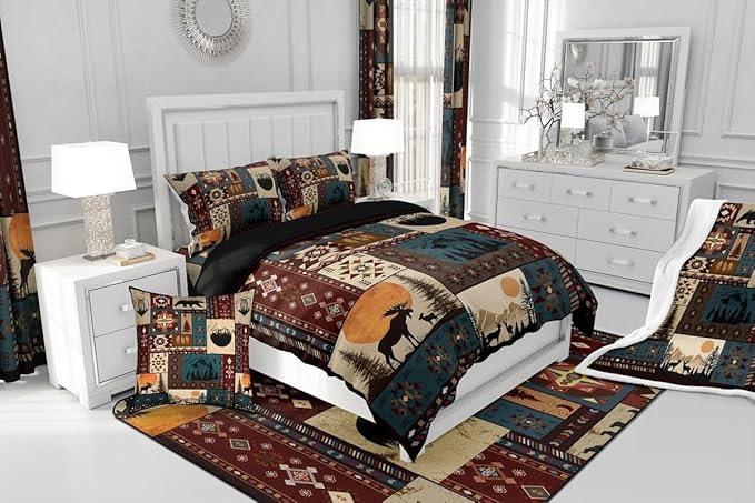 Bohemian Deer Bedding Sets Queen Bear Wildlife Hunting Theme Comforter Cabin Decor Buffalo Plaid Grid Duvet Insert for Adult Women Men Retro Boho Xmas Pine Tree Down Comforter Geometric Quilt 3Pcs