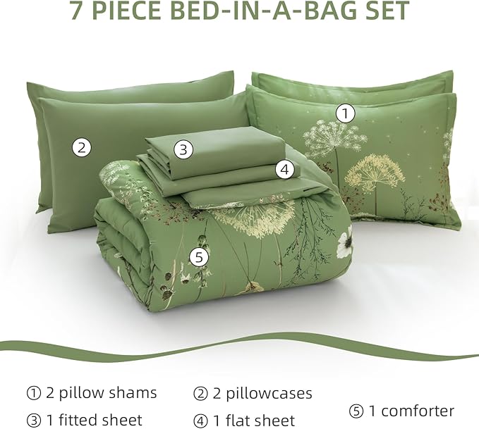Yiran 7 Piece Sage Green Floral Comforter Set King Size, Dandelion Plant Botanical Comforter Bedding Set, Bed in a Bag King, Soft Microfiber Complete Bedding Set with Sheets for All Season