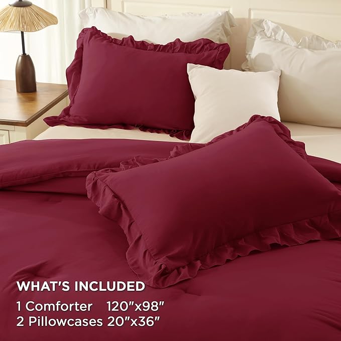 Andency Burgundy Ruffle Comforter Set Oversized King, Shabby Chic Farmhouse Bedding Set 3 Pieces, Lightweight Soft Bed Set 120x98 for Girls Women (1 Comforter 2 Pillowcases)