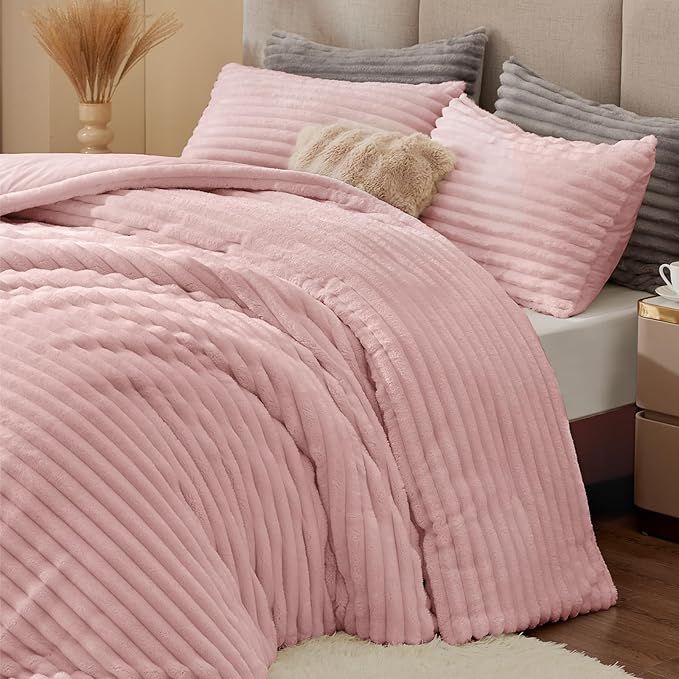 BEDELITE Fleece King Comforter Set -Super Soft & Warm Fluffy Pink Bedding, Luxury Fuzzy Heavy Bed Set for Winter with 2 Pillow Cases