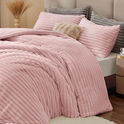 BEDELITE Fleece Queen Comforter Set -Super Soft & Warm Fluffy Pink Bedding, Luxury Fuzzy Heavy Bed Set for Winter with 2 Pillow Cases