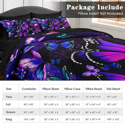 Comforter Set Twin Size, Summer Purple Butterfly 5 Pcs Bedding for Kids and Adults, Vintage Galaxy Space Bed Sheet Sets with Fitted Sheet Pillowcase & Sham for Bedroom Bed Decor
