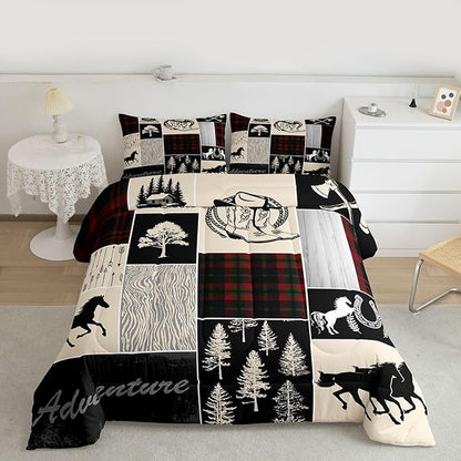 Erosebridal Southwest Horse Bedding Set for Kids, Western Horseshoe Comforter Set Cowboys Cowgirls Riding Boots Quilt for Boys Teens Adult, Forest Rustic Farmhouse Adventure Duvet Insert, Queen Size