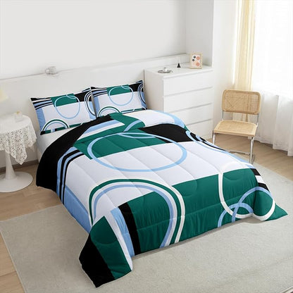 Modern Green Blue Full Comforter Set Circles Swirls Bedding Sets Room Decor Abstract Black White Square Duvet Insert Geometric Stripe Quilt Set Modern Creative Texture Art Down Comforter All Season