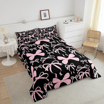 Feelyou Bow Bedding Set Boys Girls Full Size Black Pink Girls Bow Comforter Set for Kids Women Men Ultra Soft Cute Bowknot Comforter Kawaii Bow Duvet Set Room Decor Lovely Decor Quilt Set