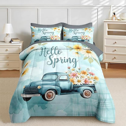 Nesker 7 Pcs Spring Comforter Set Queen Size, Truck Flowers Farmhouse Bedding Set for Kids and Adults, Blue Daisy Bed Sheet Sets with Fitted Sheet 2 Pillowcases & 2 Shams