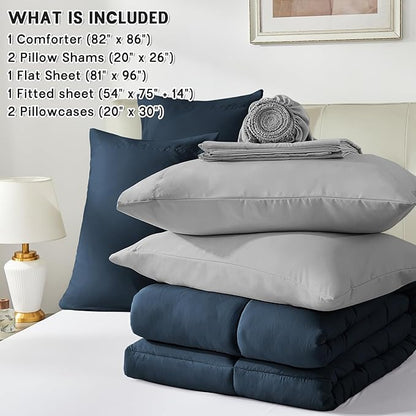 Anluoer Full Size Bed in a Bag 7 Pieces, Navy and Grey Bed Comforter Set with Sheets, All Season Bedding Sets with 1 Comforter,2 Pillow Shams,2 Pillowcases, 1 Flat Sheet,1 Fitted Sheet