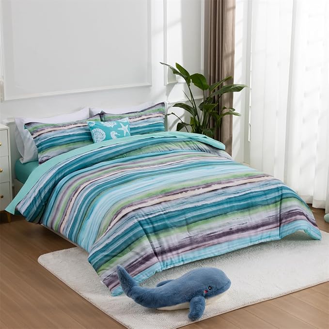 Holawakaka Beach Stripe Bedding Sets 6 Pieces, Aqua Coastal Striped Comforter Set King Size All Season Geometric Bed Set, Nautical Bed in a Bag with Comforter, Sheets and Shams