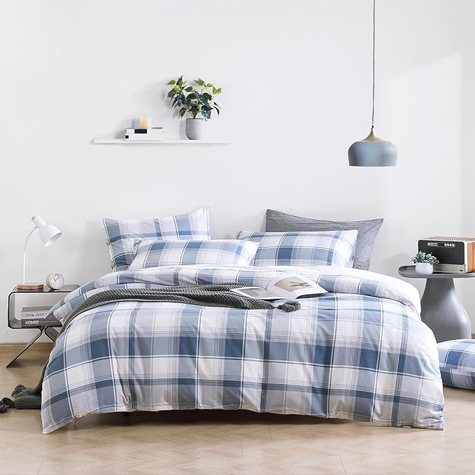 Vintage Cotton Comforter Twin Size 2Pcs - Classic Tartan Plaid Pattern with Denim Blue, Soft Gray and White, Lightweight Bedding Sets with Soft Fill(1 Comfoter, 1 Pillowcase)