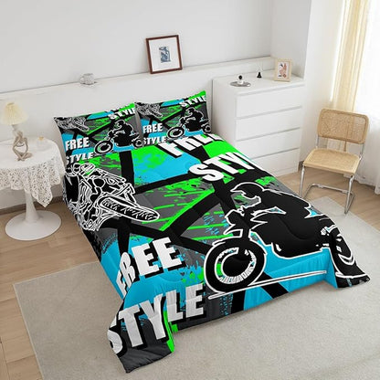 jejeloiu Boys Dirt Bike Racer Bedding Set Full Size Motocross Hip Hop Comforter Set for Kids Adult Motorcycle Sport Duvet Set Blue Green Quilt Set 3Pcs