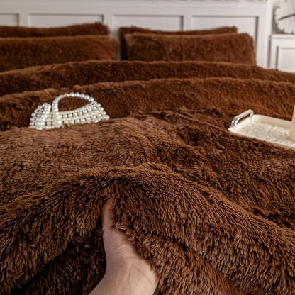 chovy Faux Fur Plush Coffee Comforter Sets Twin/Full Size - Ultra Soft Shaggy Flannel Velvet Fluffy Fuzzy 3PC Bedding Set （Comforter x 1 Pillowcases x 2）