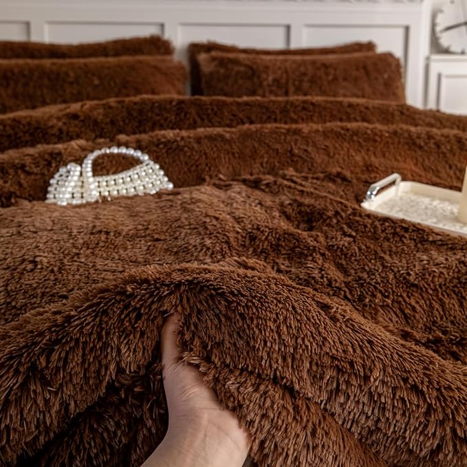 chovy Faux Fur Plush Coffee Comforter Sets Queen - Ultra Soft Shaggy Flannel Velvet Fluffy Fuzzy 3PC Bedding Set (Comforter x 1 Pillowcases x 2)
