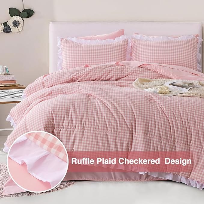 A Nice Night Comforter Set Full, 5 Pieces Lightweight Soft Rustic Pink Ruffle Comforter, Plaid Checkered Chic Bedding Set with Pillow Shams