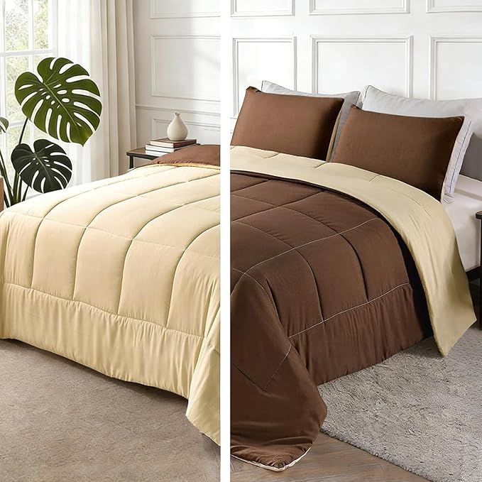 Exclusivo Mezcla Lightweight Reversible Queen Size Comforter Set, Down Alternative Comforter with 2 Pillow Sham, Queen Size Bedding Set for All Seasons, Brown/Khaki