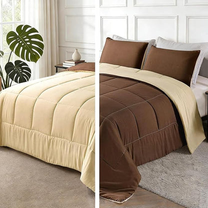 Exclusivo Mezcla Lightweight Reversible Queen Size Comforter Set, Down Alternative Comforter with 2 Pillow Sham, Queen Size Bedding Set for All Seasons, Brown/Khaki