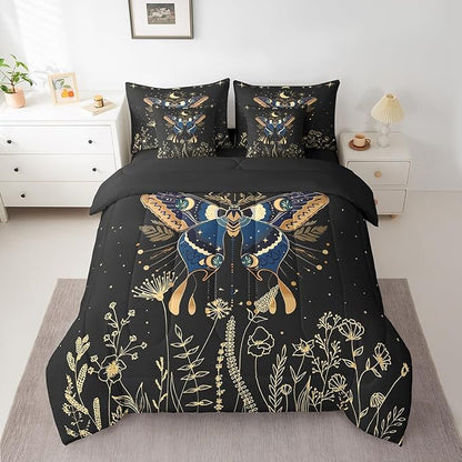 Erosebridal Butterfly 7 Piece Bed in a Bag Queen,Flower Weed Botanical Comforter Set for Adult Women Men,Black Starry Sky Flat Fitted Sheet Boho Exotic Moon Star Reversible Bedding Set Room Decor