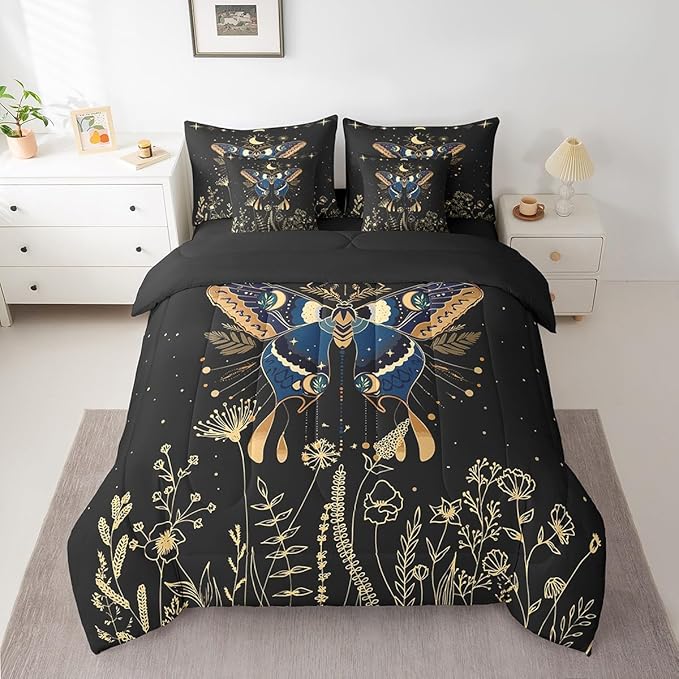 Erosebridal Butterfly 7 Piece Bed in a Bag Twin,Flower Weed Botanical Comforter Set for Adult Women Men,Black Starry Sky Flat Fitted Sheet Boho Exotic Moon Star Reversible Bedding Set Room Decor