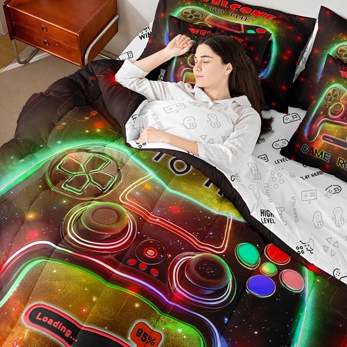 jejeloiu Cool Gamer 7 Piece Bedding Set King Size for Boys 3D Gaming Comforter Set with Sheets Kids Teens Bright Red Bed in a Bag Modern Game Console Bed Set