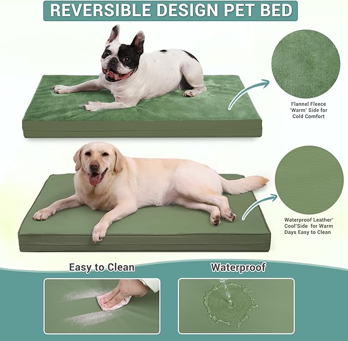 Outdoor Dog Beds Waterproof Washable, XXL Crate Pad 48 inch Extra Large Sized Leather Foam Pet Bed with Removable Cover Reversible, Jumbo Anti-Slip Kennel Pad, 47"x29", Green