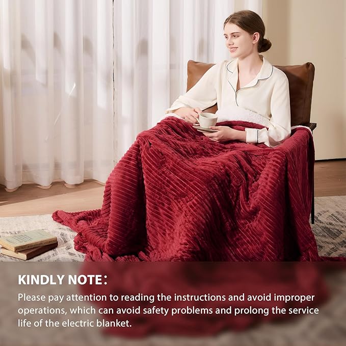 Homemate Heated Blanket Electric Throw - 50"x60" Heating Blanket Throw 1/2/4/6/8 Hours Auto-Off 10 Heat Levels Over-Heat Protection Soft Flannel Sherpa ETL Certification