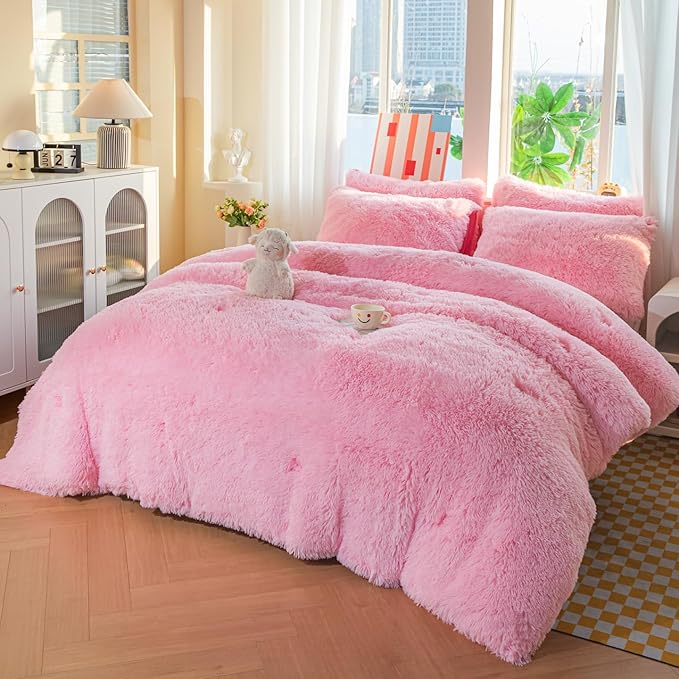 chovy Faux Fur Plush Light Pink Comforter Sets Full/Queen - Ultra Soft Shaggy Flannel Velvet Fluffy Fuzzy 3PC Bedding Set （Comforter x 1 Pillowcases x 2）