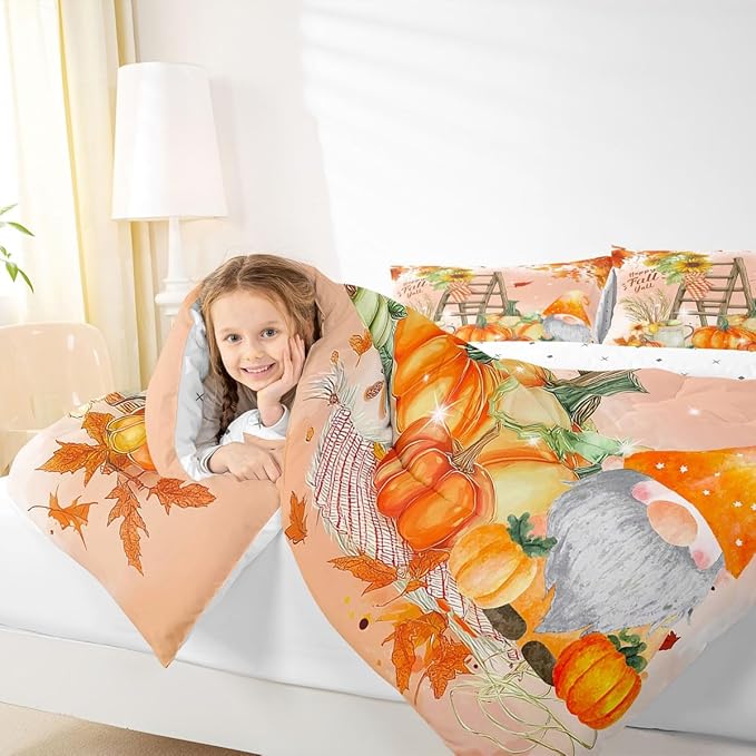 Erosebridal Happy Fall Gnomes Bedding Set Thanksgiving Pumpkin Comforter Set Queen Fall Home Room Decor,Autumn Natural Harvest Season Quilt Duvet,Rustic Maple Leaf Sunflower Comforter 2 Pillow Cases