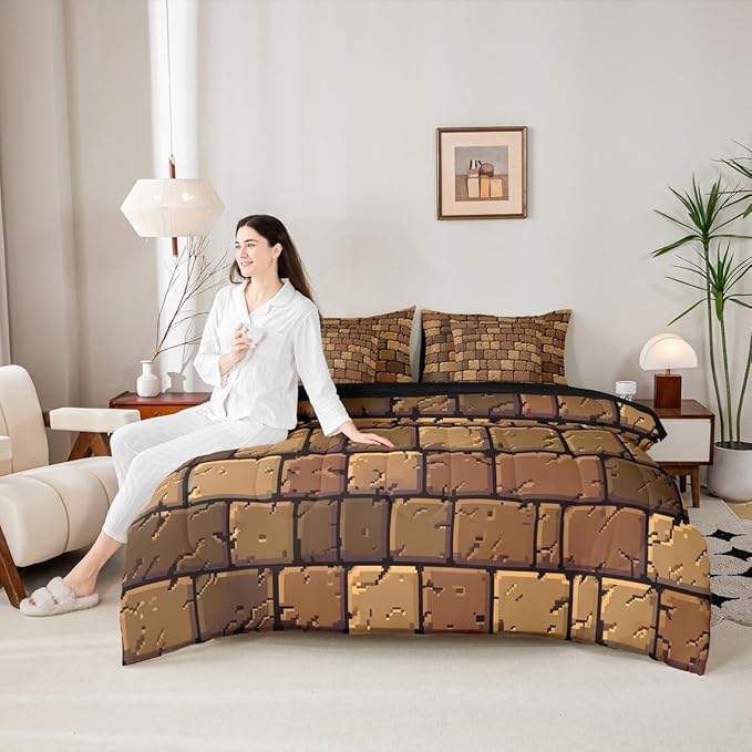 Castle Fairy Miner Square Comforter Sets - 7 Pieces Full Size,Pixelated Theme All Season Reversible Bed in a Bag Video Games Bedding Set Brown Pixel Style Flat Sheet,Fitted Sheet,Pillowcases