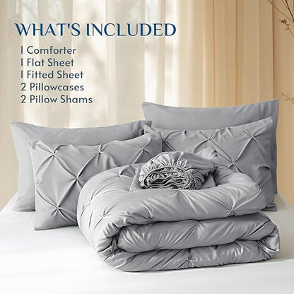 JOLLYVOGUE Full Size Comforter Sets 7 Pieces - Bed in a Bag Full for All Season, Pintuck Bedding Comforter Sets with Comforter, Flat Sheet, Fitted Sheet and Pillowcases & Shams, Light Grey