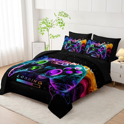 Video Game Comforter Set Full，Game Themed Bedding 7 Pieces Sets for Boys，Game Over Bedroom Decor，(1 Comforter, 1 Flat Sheet, 1 Fitted Sheet, 2 Pillowcase and 2 Pillow Sham)